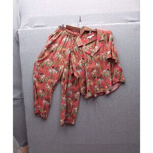 Jane + Delancey Womens Red Tropical Print Button-Up Shirt & Elastic Waist Pants